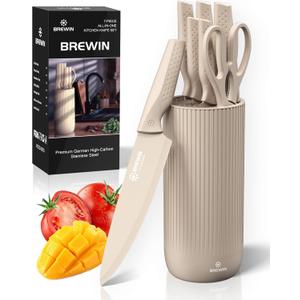 Knife Set, Brewin Kitchen Knife Set, Knives Set for Kitchen, Universal Knife Block, Utility Knife Block Set, Kitchen Essentials, New Home Essentials, Apartment Essentials, Dishwasher Safe (Khaki)