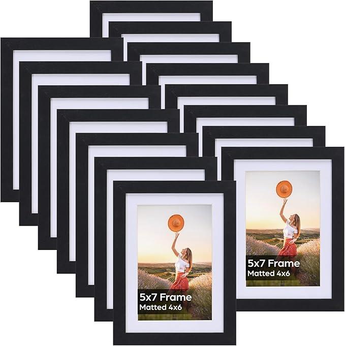 Lyeasw 4x6 Picture Frames Black Set of 15, Display Pictures 4x6 with Mat or 5x7 without Mat, Multi Photo Frames for Wall Hanging or Tabletop