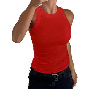 GEMBERA Womens Sleeveless Racerback High Neck Casual Basic Cotton Ribbed Fitted Tank Top (Large, Red)