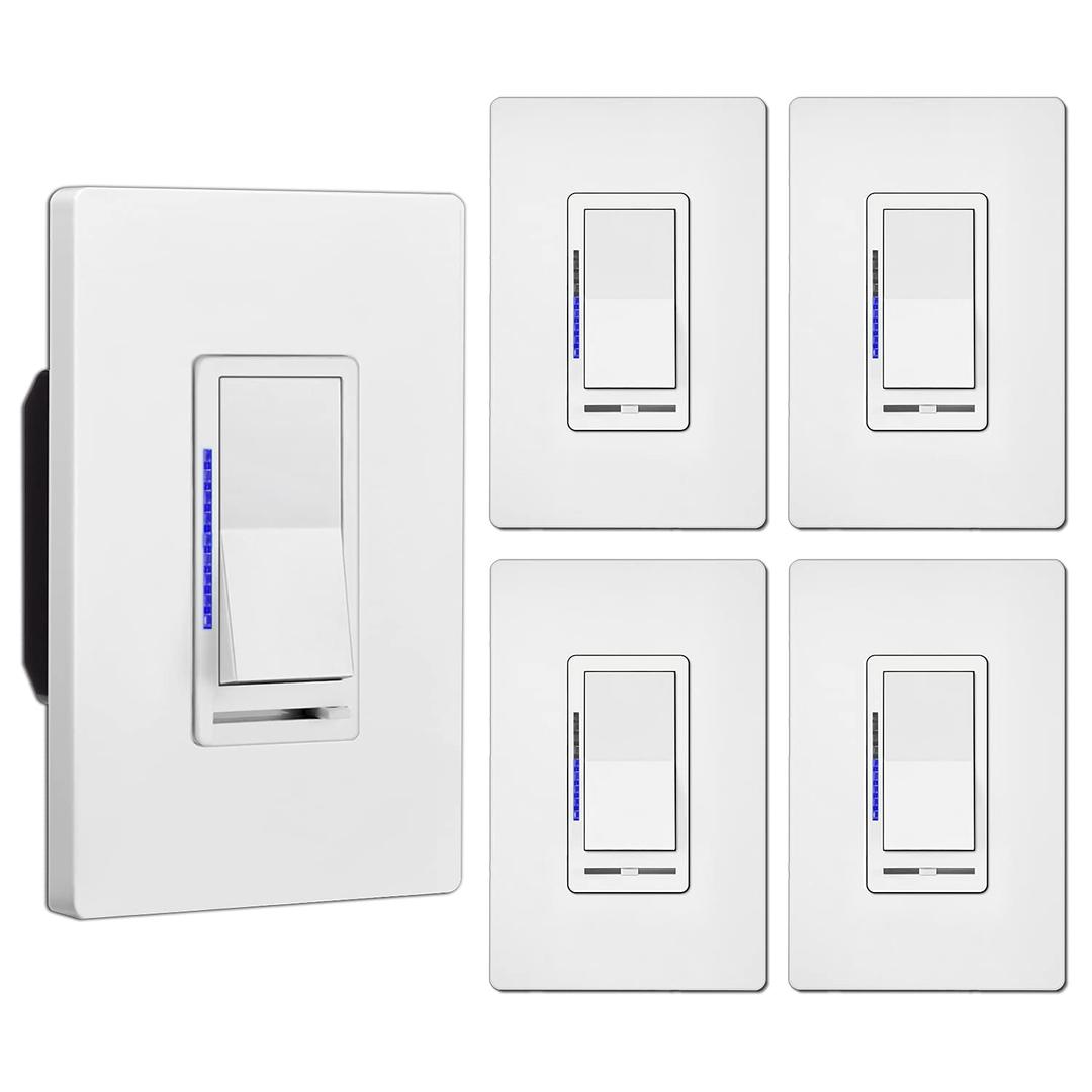 BESTTEN 5 Pack Digital Dimmer Switch with LED Indicator, Single Pole or 3-Way, for Dimmable LED Lights, CFL, Incandescent, Halogen Bulbs, Screwless Wall Plate Included, UL Listed, White