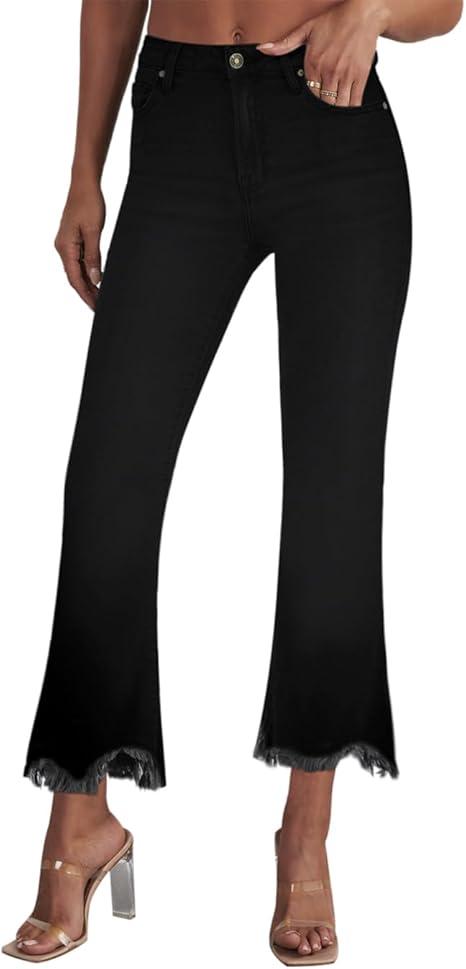 Women's High Waisted Crop Flare Jeans for Women Cropped Bell Bottom Jeans for Women High Rise Denim Pants with Live Hem, Size M