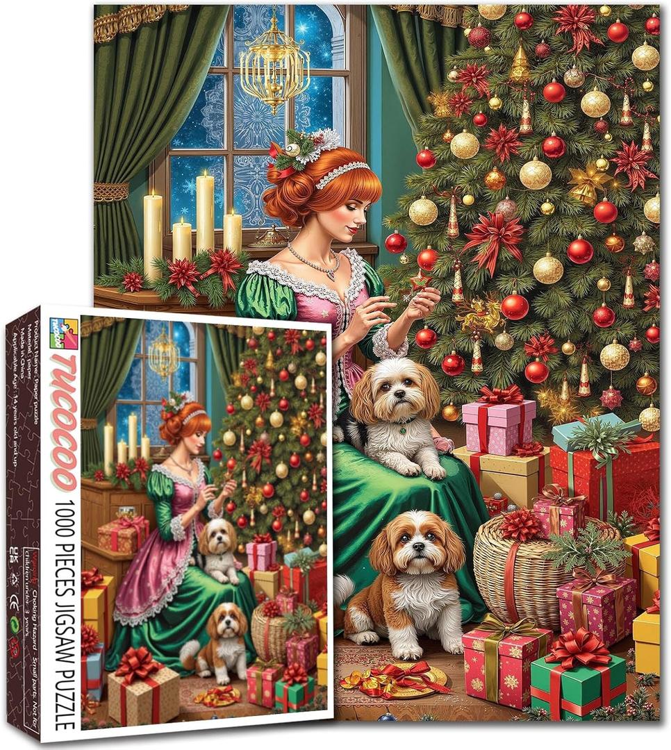 Victorian Lady and Dog Jigsaw Puzzles 1000 Pieces Christmas Tree Art Jigsaw Puzzles for Challenging Family Activity Games DIY Handwork Puzzle for Home Wall Decor Gifts 20x27 Inches (Santa-09)