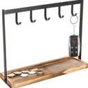 MyGift Black Metal Entryway Key Holder with 5 Hooks and Burnt Wood Base, Tabletop Necklace and Jewelry Organizer Rack with Ring Tray
