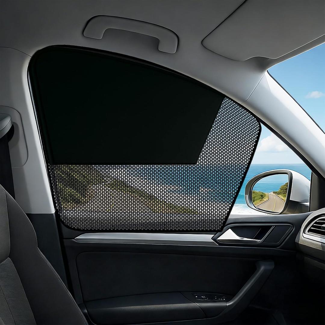 Car Window Shades, 2 Pack Magnetic Half Blackout & Half See-Through Car Shades for Side Windows, Front Window Cover Block Heat UV Rays Glare for Driver Passenger