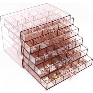 Clear Pink Acrylic Jewelry Storage Box, Earring Jewelry Organizer with 5 Drawers, 5-Layer Jewelry Box for Women, Earring Display Holder for Earrings Ring Bracelet Necklace, 120 Grid Storage Box