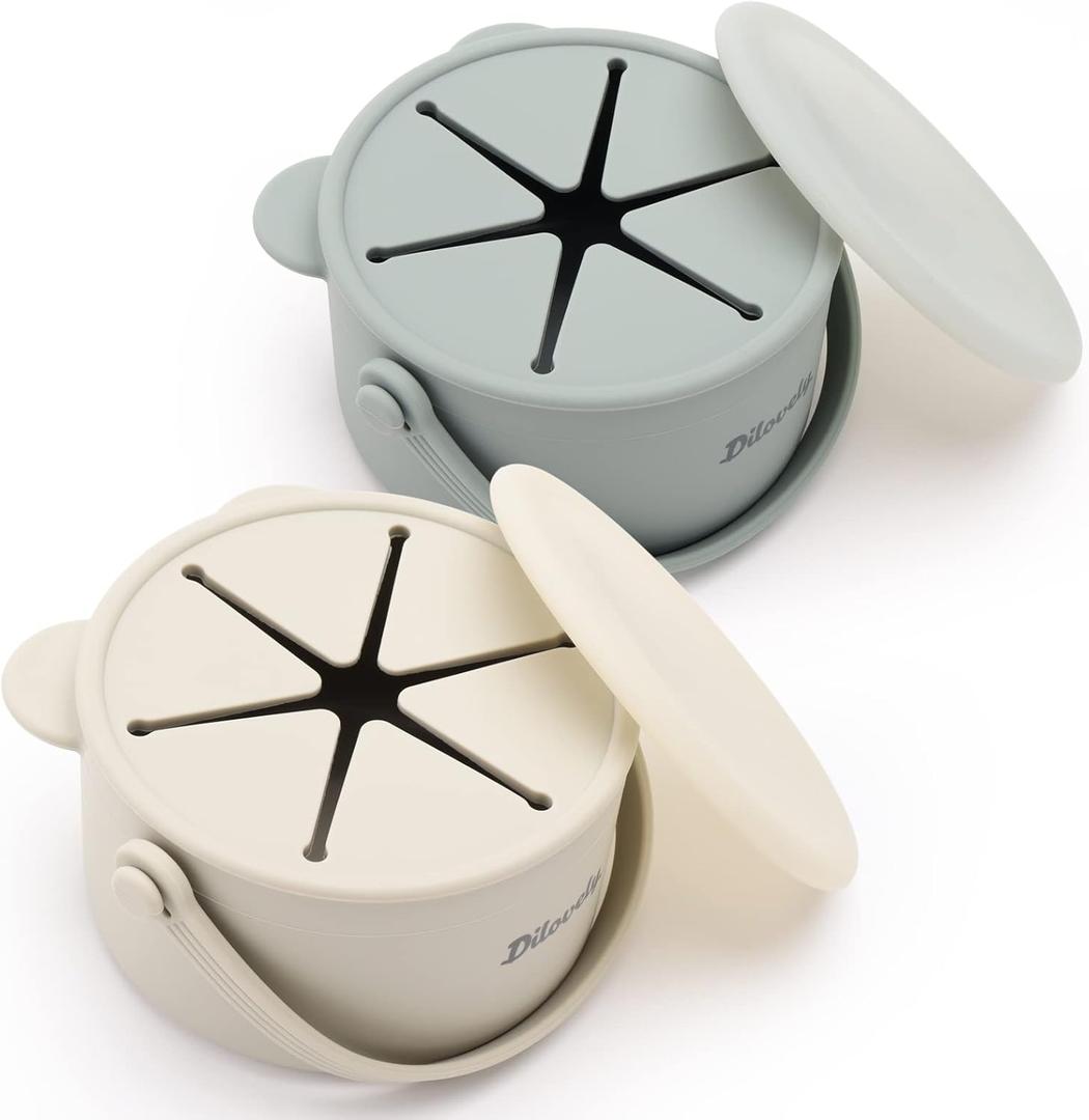 Snack Cups for Toddlers, Silicone Snacks Containers, Baby Food Catcher Spill Proof, Kid Snacks Holder with DustProof Lid, 2 Pack Dishwasher Safe and BPA Free 9 Oz (Green Milieu)