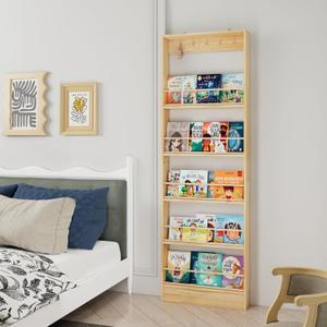 Wall Mounted Bookshelf, 5 Tier Floating Book Shelf with Hooks, Wooden Nursery Book Shelves for Wall, Space Saving Wall Organizer with Anti Tip Design for Bedroom, Living Room, Playroom