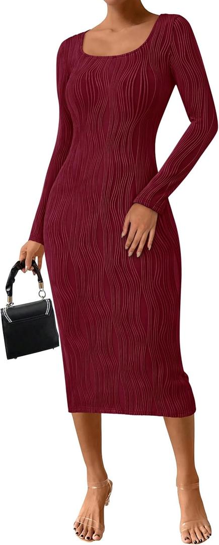 PRETTYGARDEN Womens Spring Dresses 2026 Long Sleeve Square Neck Knit Midi Beach Vacation Clothes Slit Bodycon Long Dress (Red, M)