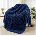 Exclusivo Mezcla Fleece Throw Blanket for Couch, Super Soft Striped Jacquard Bed Blanket, Lightweight Fuzzy Cozy for All Seasons, 50x60 Inches, Navy Blue