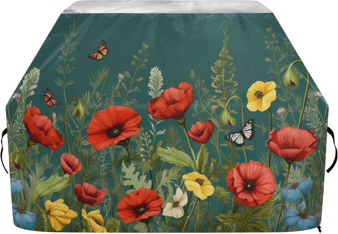 Kigai Colorful Flower Grill Cover 65 Inch Heavy Duty Outdoor Barbecue Cover Waterproof BBQ Gas Grill Cover with Adjustable Straps for Most Grills
