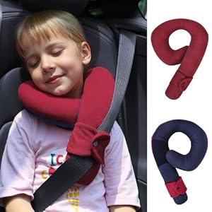 Kids Travel Neck Pillow, Comfortable Head & Chin Support for Car seat & Airplane, Toddler Pillow for Sleeping on Road Trip, Gifts for Child (Wine Red & Dark Blue)