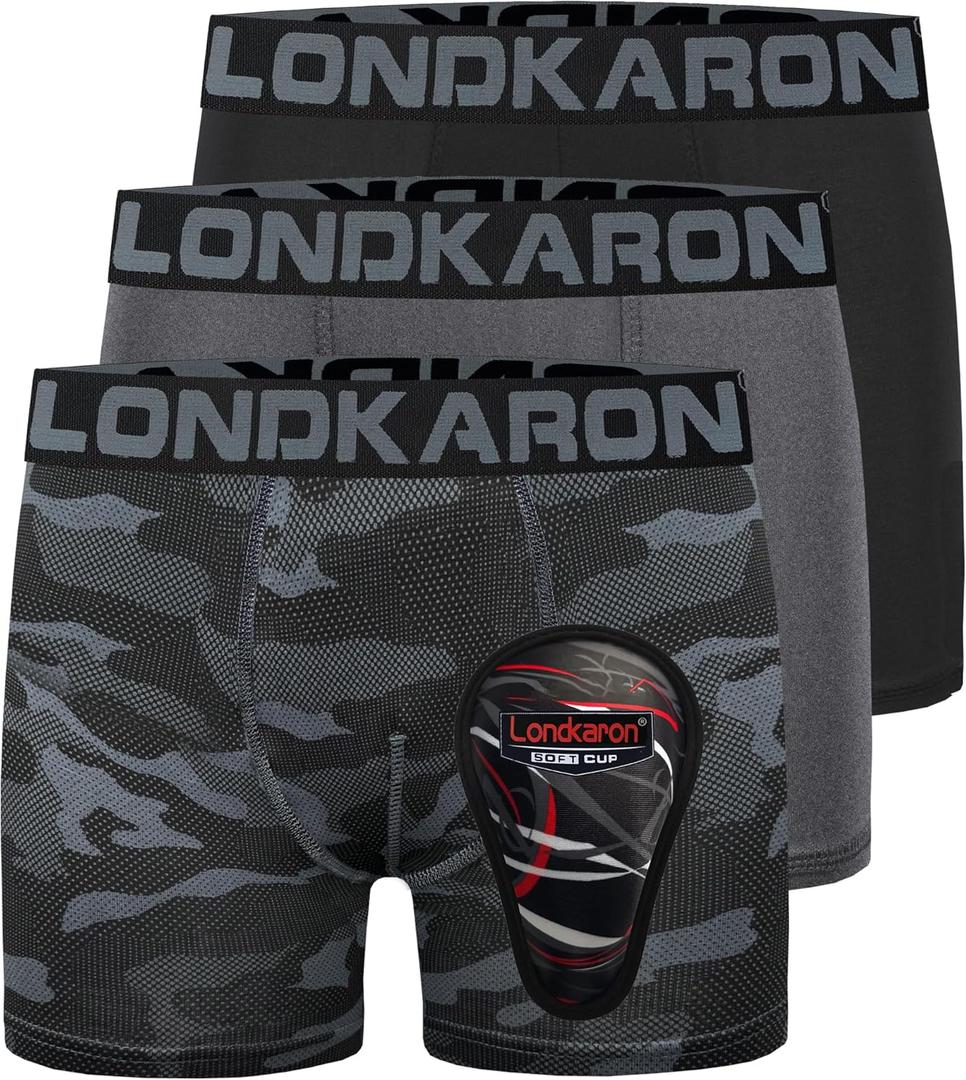 3-Pack Youth Boys Stretch Boxer Briefs w/Soft Protective Cup, Elite Boxer Jock for Baseball & Football (Large, Black/Grey/Camo)