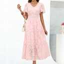 Caracilia Womens 2026 Spring Wedding Guest Maxi Dress Summer Boho Floral Short Sleeve V Neck Beach Vacation Tea Party Dresses (Pink, L)