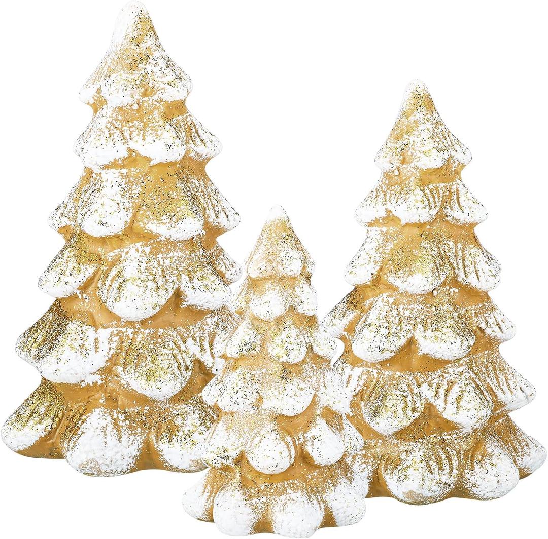 Poen Set of 3 Gold and Green Christmas Trees Figurine Glittered Ceramic Decorative Tabletop Mini Christmas Village Trees for Home Desktop Decoration, 5, 4, 3 Inch(Gold)