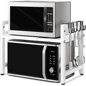 Microwave Oven Rack Expandable Countertop Heavy Duty Microwave Shelf 2-Tier Adjustable Metal Storage Shelf Rack for Kitchen (White)