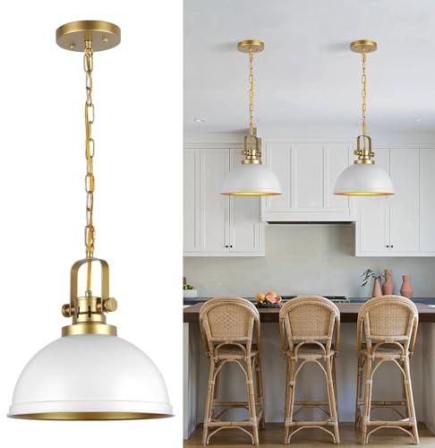 Mgcanyu Modern White and Gold Pendant Lights,11.8" Vintage White Gold Pendant Light Fixtures Iron Dome Lighting Hanging Ceiling for Kitchen Island Dining Room Restaurant Bedroom Farmhouse Entrance