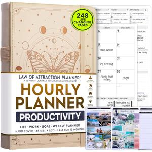 Hourly Planner - Undated Weekly & Monthly Planner, 12-Month Journey to Increase Productivity | Gratitude Journal, Life Organizer & Goal Journal | Include Foldable Vision Board, Habit Tracker & Sticker (A5 (Undated) 5.8" x 8.3", Vanilla)
