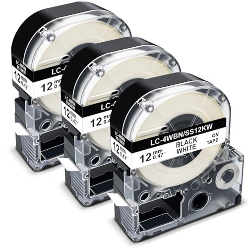Pristar 3-Pack Compatible for Epson LK-4WBN LC-4WBN LC 4WBN9 SS12KW 12mm 1/2" Label Maker Tape 0.47" Label Tape Work for Epson LabelWorks LW300 LW400 LW500 LW700 LW-K200PX Label Maker, Black on White
