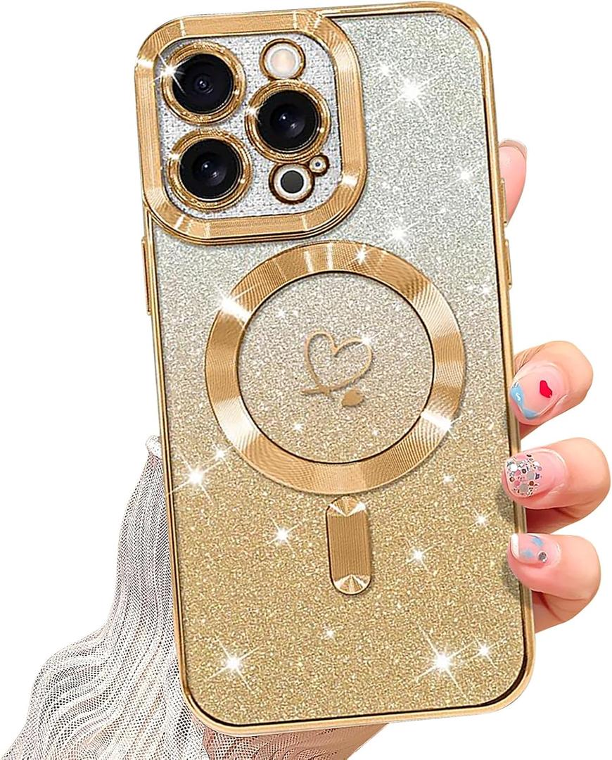 NITITOP Compatible with iPhone 15 Pro Max Case Cute Clear Glitter [Compatible for MagSafe] Plating Heart Sparkle Bling Magnetic Girl Women Electroplated Frame Camera Protection Back Cover - Gold