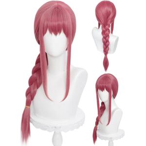 Half and Half Long Rose Red Pink Braid Wig with Bangs 27.5'' Anime Red Cosplay Wig for Women Vibrant Red Braided Hunter Wigs for Halloween Costumes Party