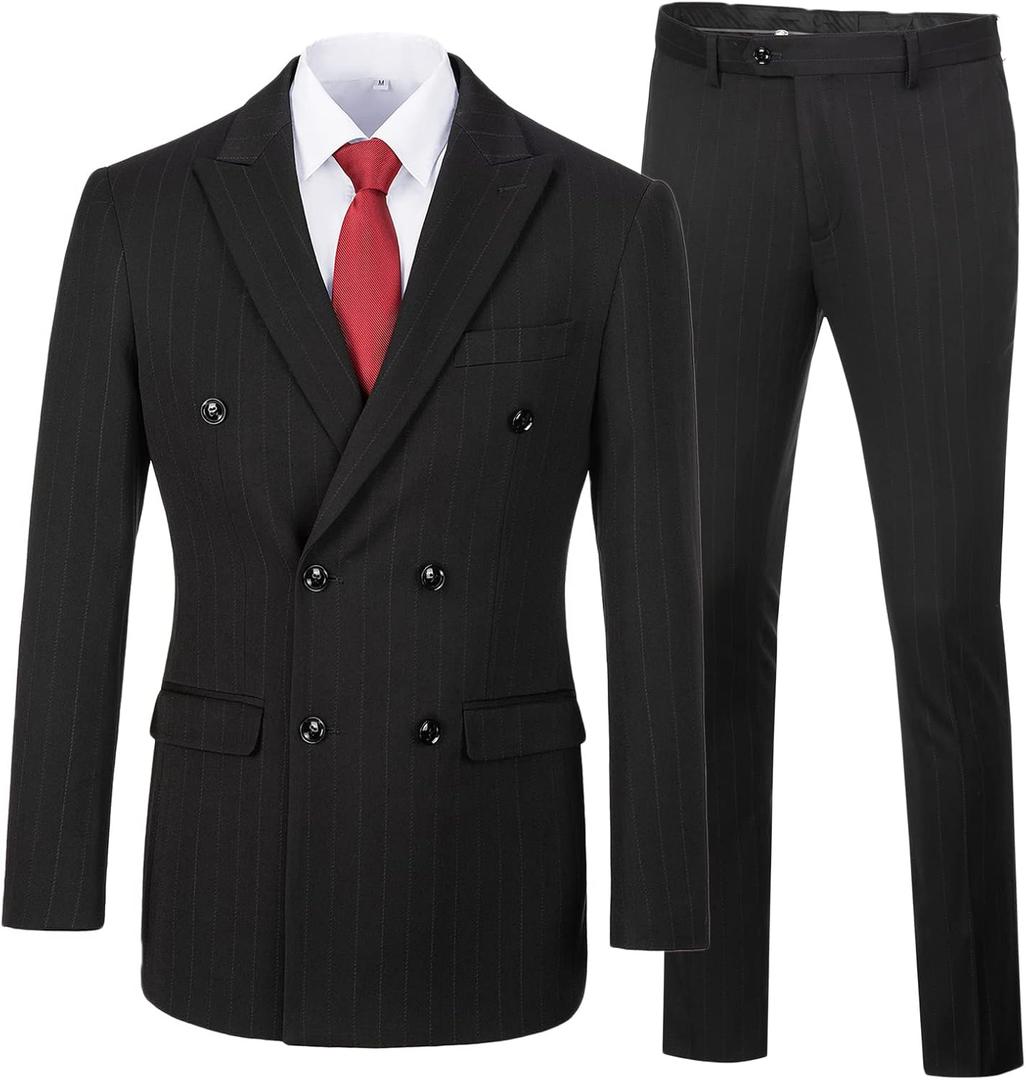 Mens Black Suits Slim Fit 3 Piece Double Breasted Pinstripe Suit for Wedding Homecoming Tuxedo Set, XS