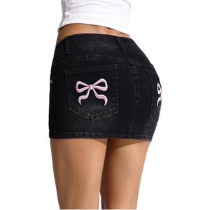 Floerns Women's Bowknot Denim Skirt Stretchy Low Rise Bodycon Mini Skirts Black, Large