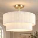 BoostArea 2-Tier Corduroy Semi Flush Mount Ceiling Light, 16.5'' Gold Drum Ceiling Fixture with Beige Fabric Shade, Soft Ambient Glow Close to Ceiling Lamp for Bedroom/Dining Room/Entryway/Low Ceiling