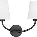 Emak Black Wall Sconces, 2-Light Bathroom Vanity Light Fixtures, Modern 19 Inch Bathroom Light Fixtures with White Fabric Shade for Bathroom, Living Room, Hallway, Bedroom, Stairway, VL116-BK-2
