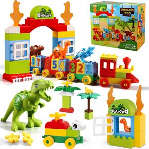 Dinosaur Building Blocks Toys,Jurassic Theme Building Blocks,With A Counting Train,A Big T-rex,and Three Dinosaurs,Compatible With All Major Brands, Gift For Kids Toddlers Boys Girls Age 3,4,5,6,7,8+