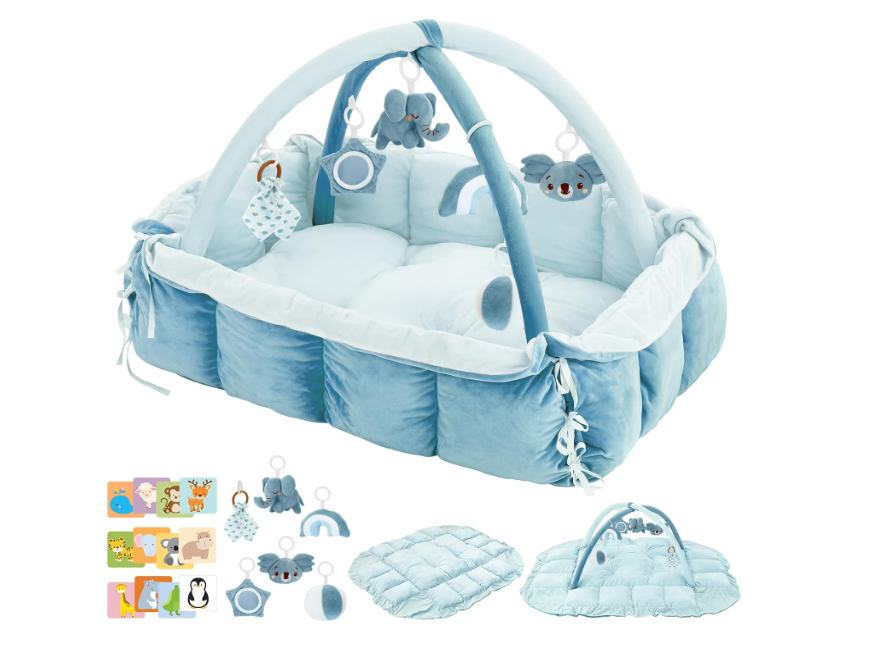 5-in-1 Baby Play Gym and Tummy Time Mat, 12 Learning Cards, Plush Activity Mat with 6 Toys, Baby Gym, Convertible to Ball Pit, Baby Gift, Blue