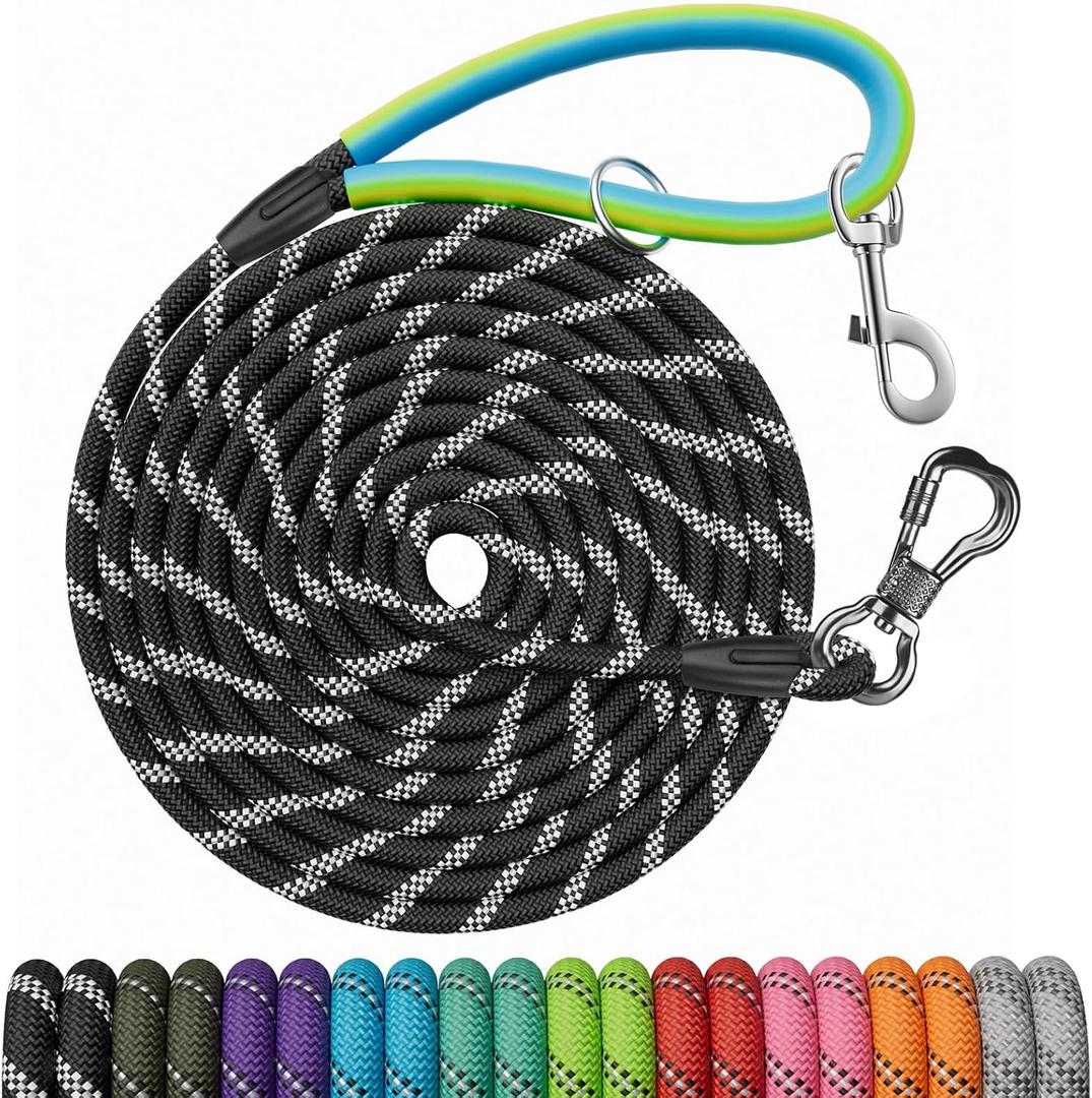 NTR Dog Long Leash, 15FT Puppy Obedience Recall Training Rope Lead with 2 Swivel Hooks, Reflective Threads and Soft Handle, Puppy Leash for Walking, Hunting, Camping for Small Medium and Large Dogs (15ft*3/8", Black)