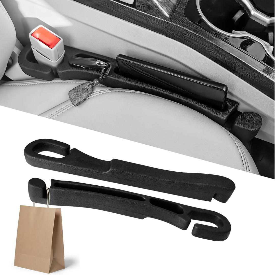 Car Seat Gap Filler 2 Pack with Organizer Hook, Car Seat Gap Plug Fills Gap Between Seat & Console Prevent Small Items & Tools from Falling Seat Side Gap Fits Cars, SUVs, Trucks & Sedans