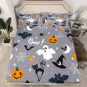 Gothic Spooky Bed Sheet Set Pumpkin Lantern Bedding Set for Kids Boys Teens, Ghost Spider Web Fitted Sheet Black Bat Cat Cobwebs Halloween Decor King Size Grey