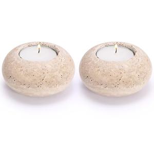 OwnMy 2PCS Travertine Tealight Candle Holders Decorative Stone Candle Holders Set, Elegant Travertine Votive Candle Stands for Dining Table Centerpieces Wedding Home Decors, 2.9" Dia x 1.5" H