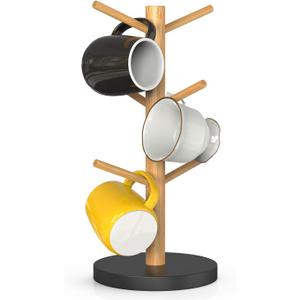 Wisuce Bamboo Coffee Mug Holder Tree, Thicker Base Coffee Cup Holder Stand for Counter, Mug Rack with 6 Hooks, Black Base