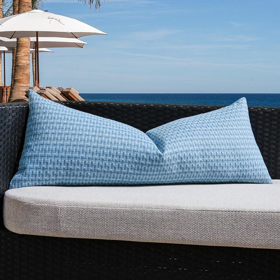 Kevin Textile Outdoor Waterproof Throw Pillow Covers 14x36 Inch Pack of 1 Boho Farmhouse Decorative Long Lumbar Cushion Covers for Garden Patio Tent Balcony Bench Couch Sofa, Light Blue