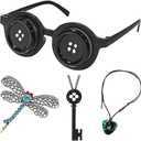 Button Eyes Glasses Halloween Costume Merchandise Cosplay Accessories Necklace Green Stone Hair Clip for Women Fans (4pcs)