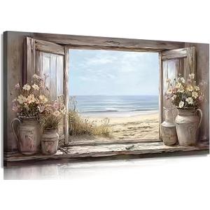 Farmhouse Coastal Window View Canvas Wall Art, Vintage Floral Vase Window Painting Picture Wall Decor, Rustic Seaside Print Artwork for Living Room Bedroom Bathroom Home Decoration, 20x40 Inch Framed