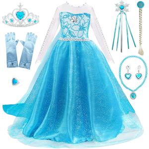 FUNPARTY Princess Costumes Dress Up for Little Girls with Wig,Crown,Mace,Gloves Accessories Age of 3-12 Years (Blue)