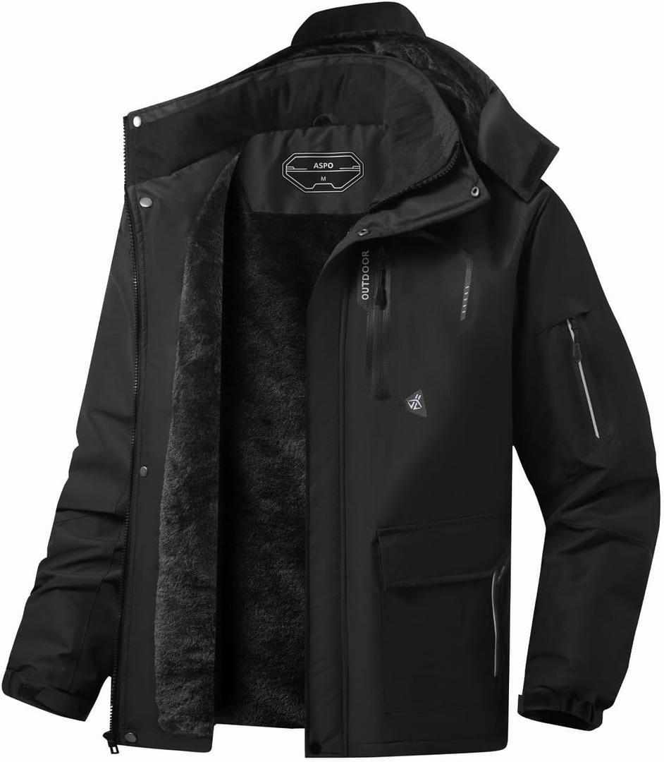 ASPO Men's Winter Ski Jacket Warm Waterproof Snow Coats Fleece Snowboard Jackets Insulated Thermal Windbreaker with Hood (Black)