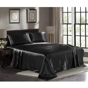 Pure Bedding Satin Sheets Queen [4-Piece, Black] Hotel Luxury Silky Bed Sheets - Extra Soft 1800 Microfiber Sheet Set, Wrinkle, Fade, Deep Pocket Fitted Sheet, Flat Sheet, Pillow Cases