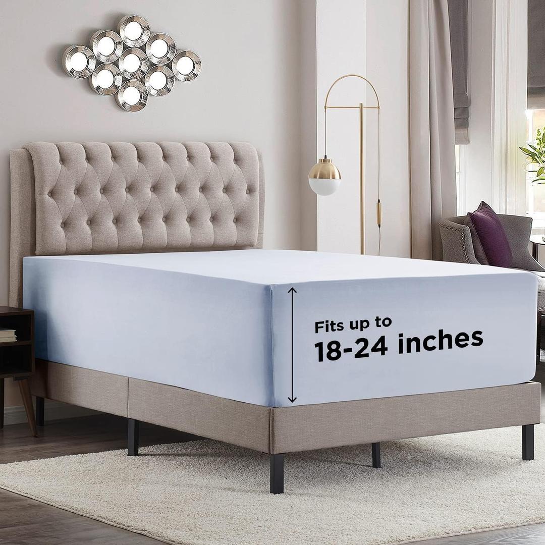 Empyrean Ice Blue Extra Deep Pocket Fitted Sheet Queen, Hotel Luxury Queen Fitted Sheet Only Easily Fits 18 to 24 Inch Mattress, Super Soft, Wrinkle-Free Bottom Sheets with Corner Straps