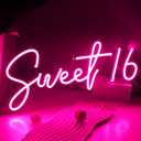 SYLHOME Pink Sweet 16 LED Neon Light Sign 17"X7.3" 5V Sweet Girls Adults Bedroom Happy Birthday Party Wall Decor Beautiful Bestie Sister Gift USB