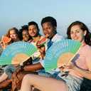 4 Pack Handheld Folding Fans with Funny Italian Quote Ecological Air Conditioning, Blue Green Ombre Fabric & Bamboo Hand Fan, Eco-Friendly Summer Cooling Tool for Travel, Beach & Party Favors