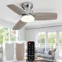 42 Inch Ceiling Fans with Lights and Remote, Bedroom Living Room Office, Flush Mount, 3CCT Dimmable, Dual Color 3 Blades 6 Speed Reversible Quiet DC Motor, Chrome-Plated/Wood Grain (CP-WD)