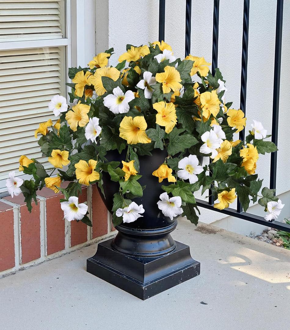 HyeFlora Artificial Flowers for Outdoors 2PCS Faux Petunias Silk Fake Flowers for Outside Planter UV Resistant Realistic Home Garden Porch Decor (Yellow)