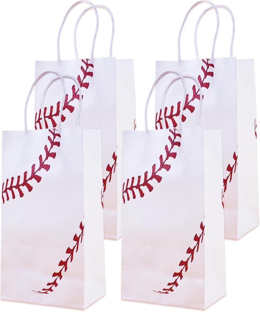 16 Pcs Baseball Gift Bags with Handles Baseball Party Favor Bags Baseball Party Candy Bags for Kids Sports Theme Birthday Party Baseball Birthday Party Favors Supplies Sports Party Decoration, white