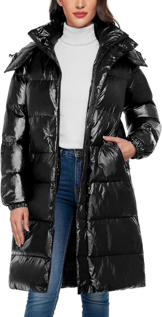 Women's Winter Puffer Coat - Waterproof Long Puffy Quilted Jacket Zip Up Warm Down Parka Fashion Shiny Hooded Outerwear, (Glossy Black,S)