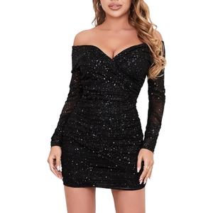 D&M Women's Off Shoulder Sparkly Dress Knitted Mesh Long Sleeve Open Back Ruched Bodycon Sexy Mini Party Dress (Black). Size S