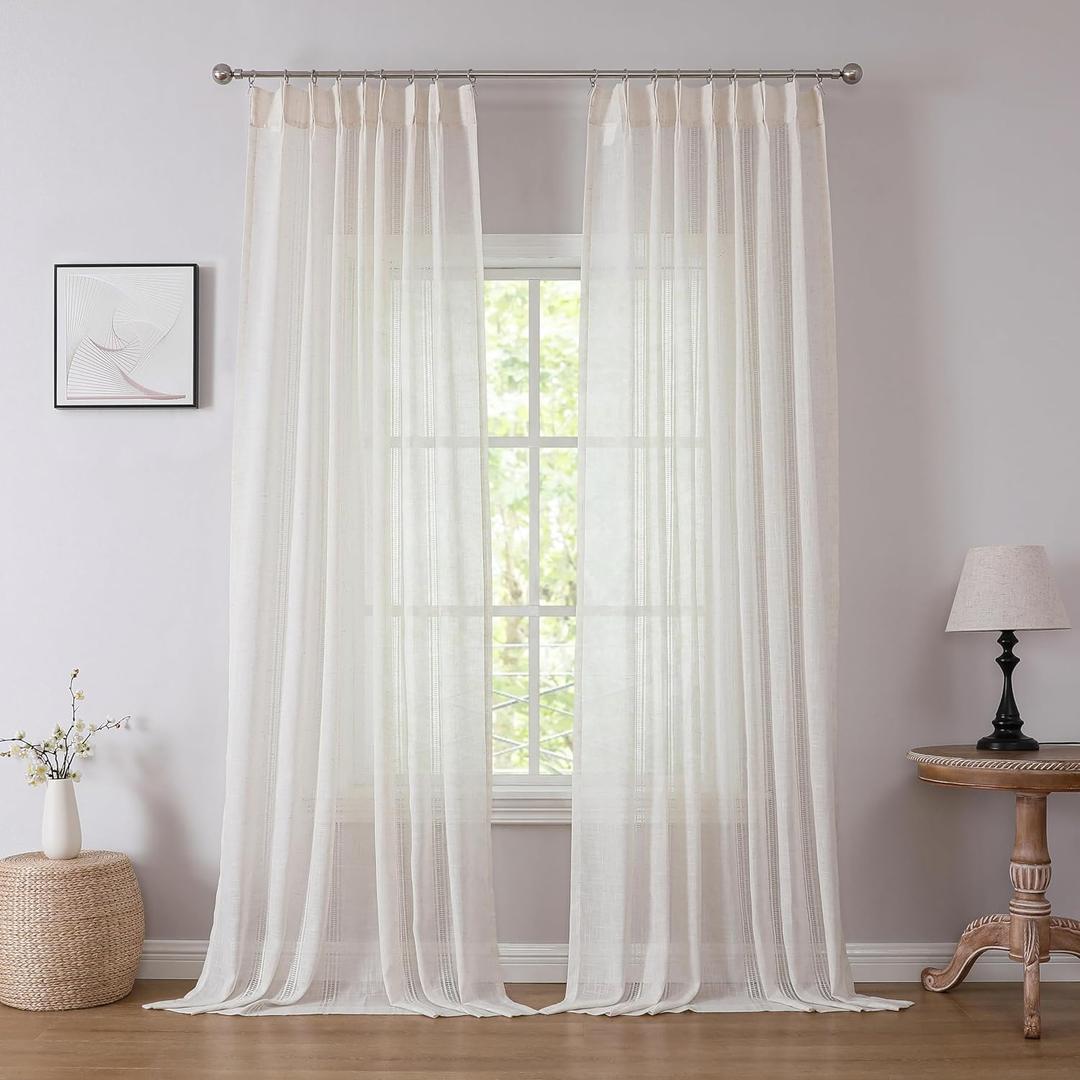 Kayne Studio Boho Semi Sheer Pinch Pleated Curtains,Linen Blended 95 Inches Long Window Treatments,Light Filtering Pinch Pleat Drapes for Farmhouse Living Room 36" W x 102" L,18 Hooks,Beige,2 Panels